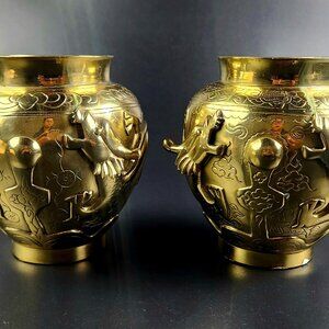 Antique Stunning & Heavy - Brass Vases - Dragon Design - Set of 2 - 5.5" Tall